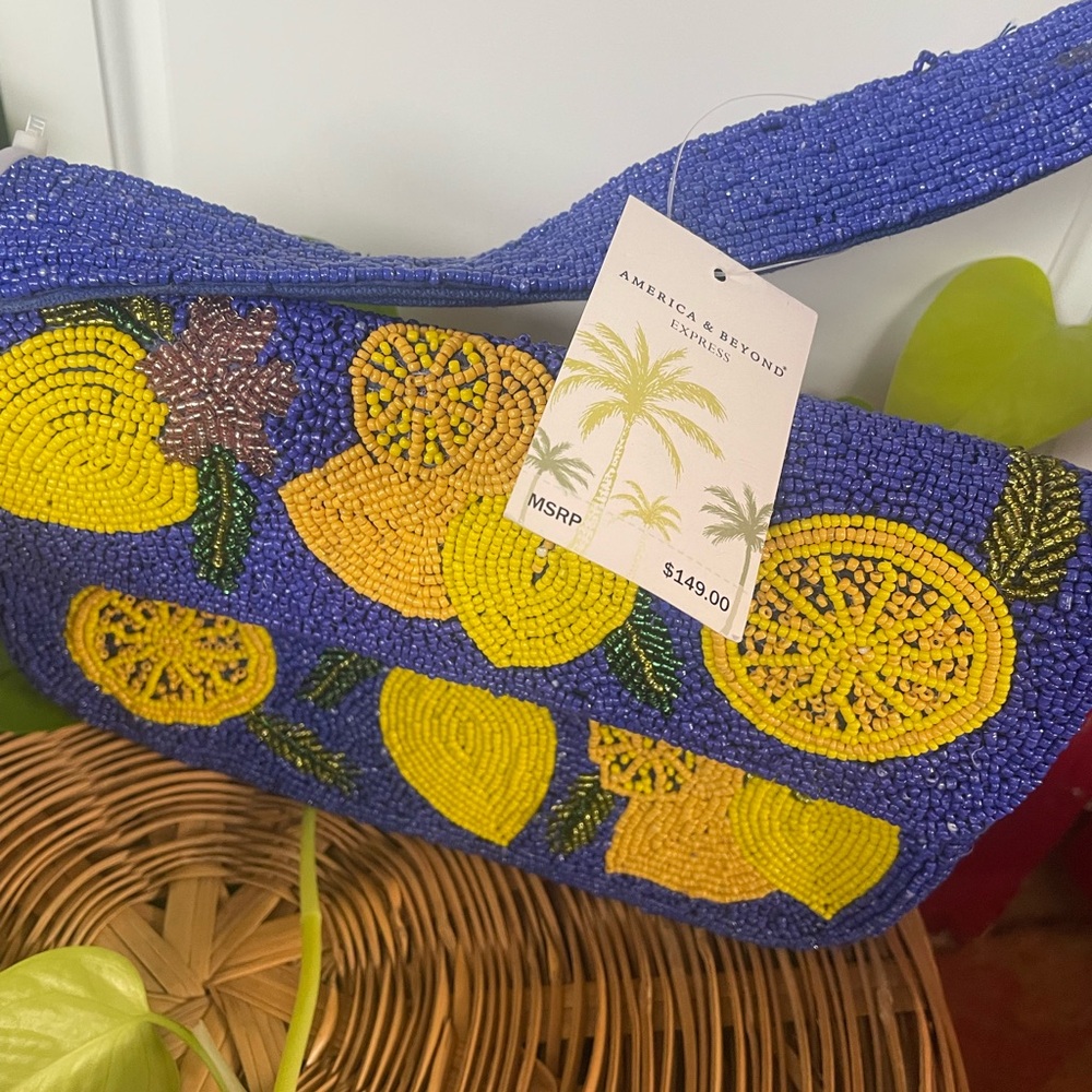 America & Beyond Express Beaded Lemon Shoulder Bag - Blue & Yellow - Picture 2 of 4